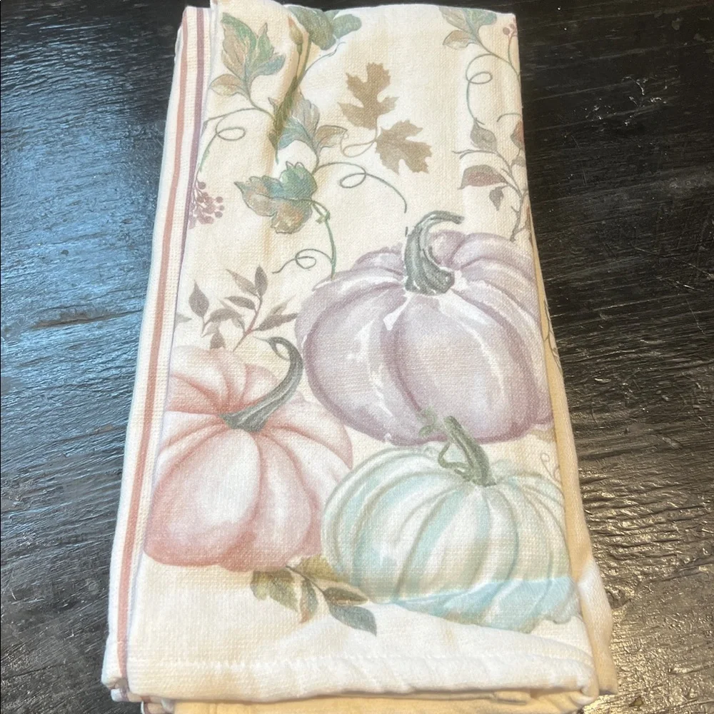 Cupcake & Cashmere Whimsical Pumpkin Kitchen Towels Cream/ Green & Purple 3 Pack